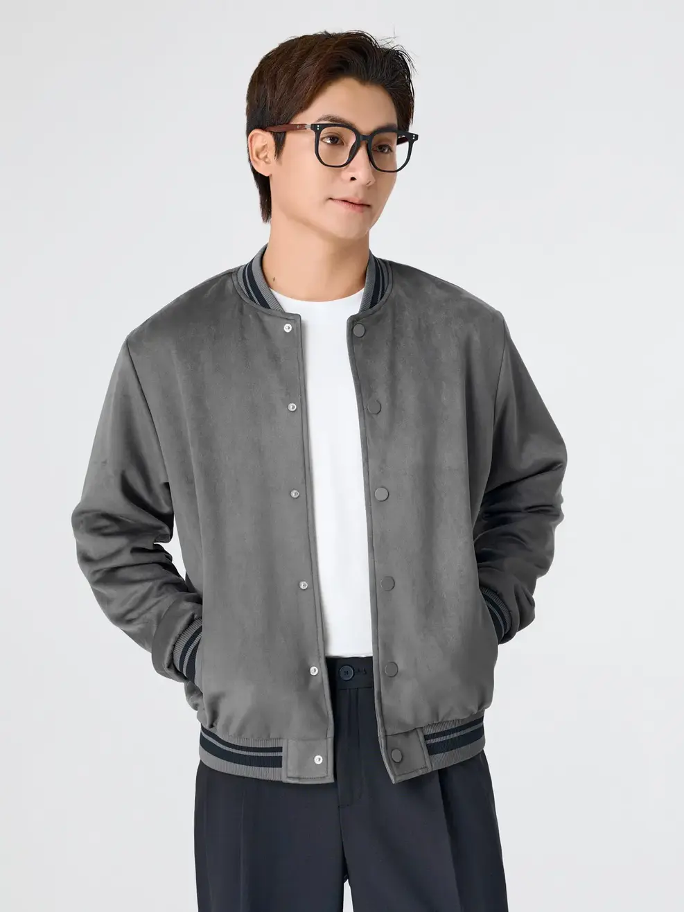 Áo Khoác Da Lộn Bomber Bo Kẻ - Xám 173 - M