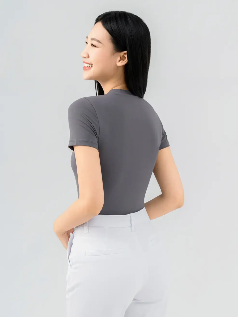 T-shirt Nữ Ôm Cổ Cao Crotop - Xám - S