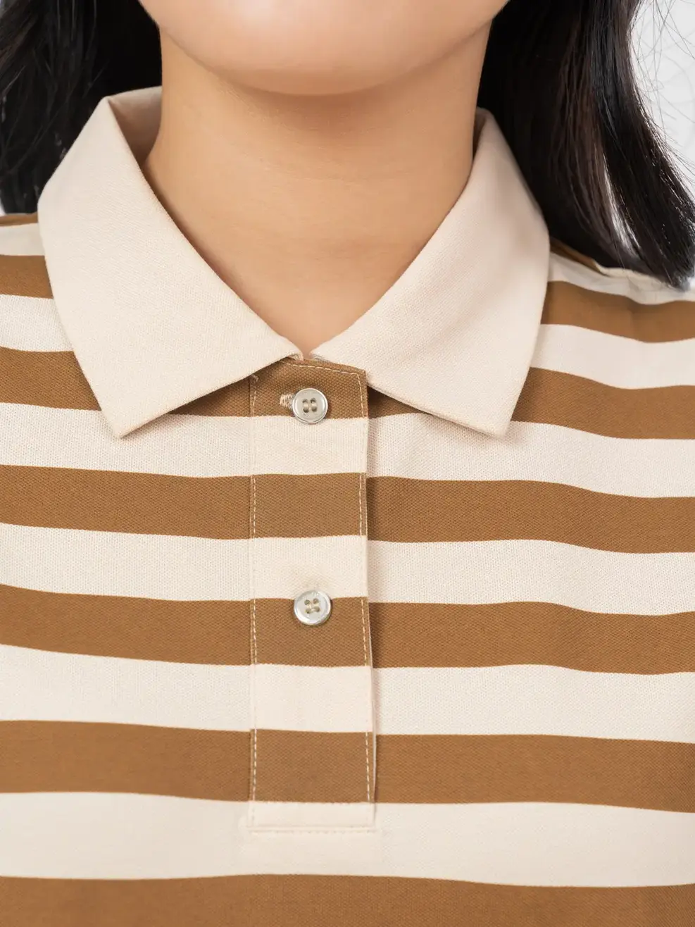 Áo Polo Nữ Mắt Chim Kẻ Ngang - kem kẻ nâu - S