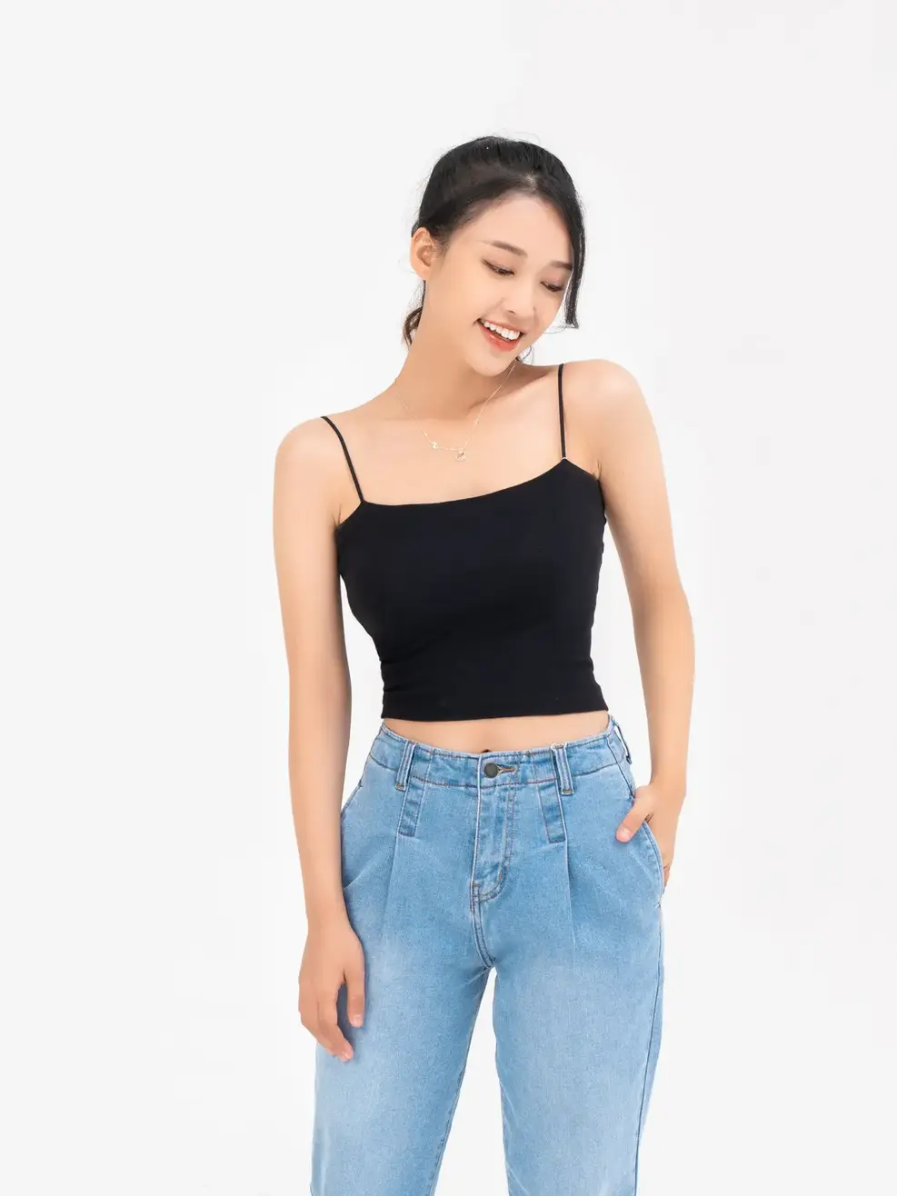 Áo hai dây nữ ôm sát dáng lửng - Đen - S