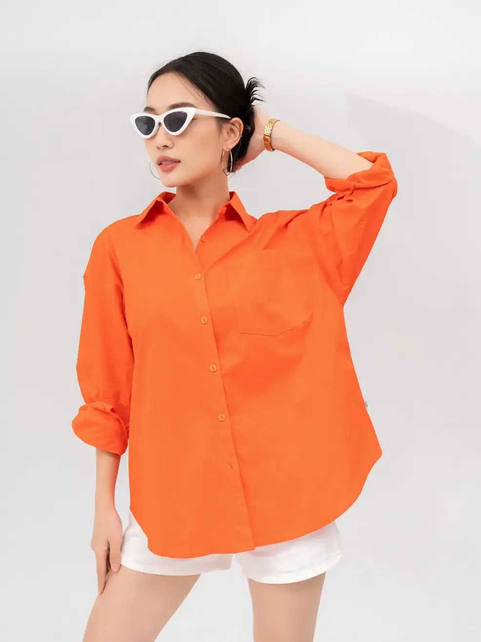 Sơ Mi Dài Tay Nữ Thô Dáng Rộng - Cam - S