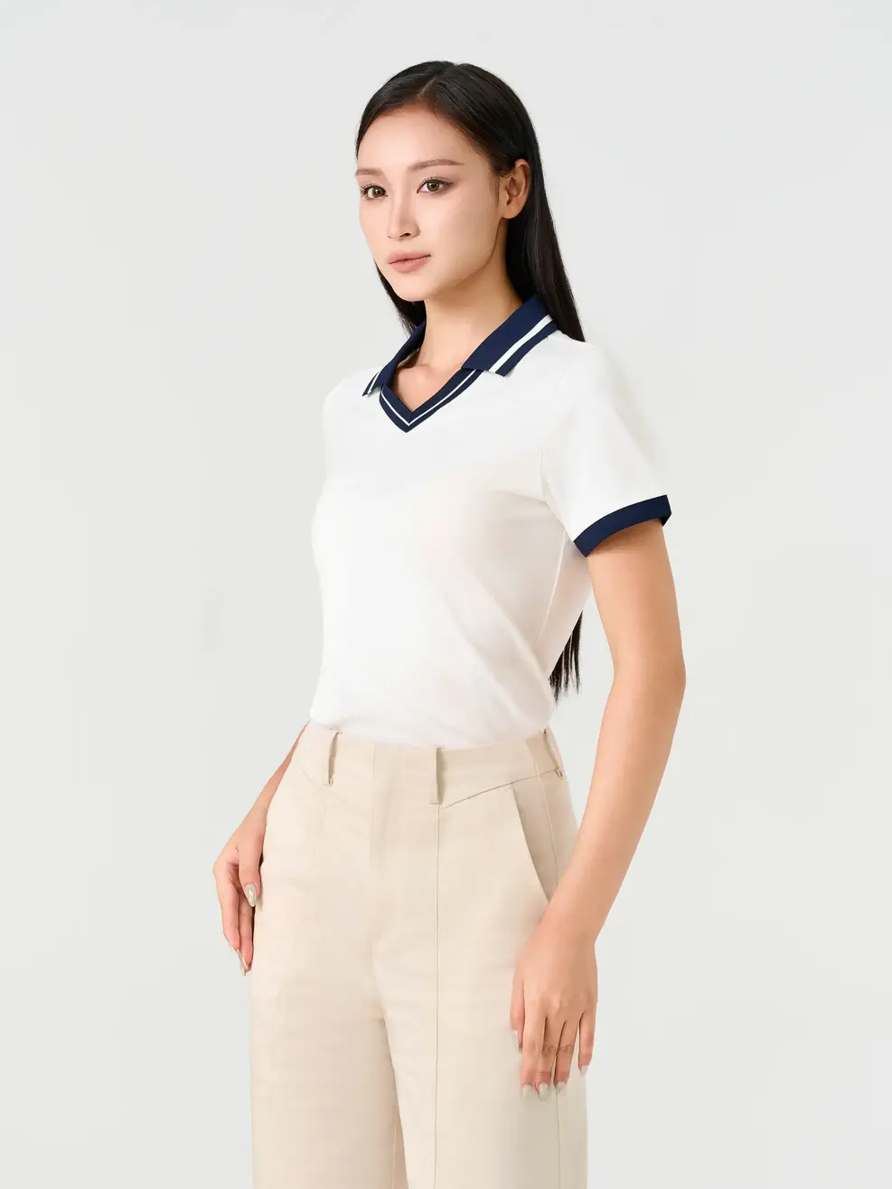 Áo Polo Nữ Slimfit Cổ V Phối Màu - Trắng 001 - S