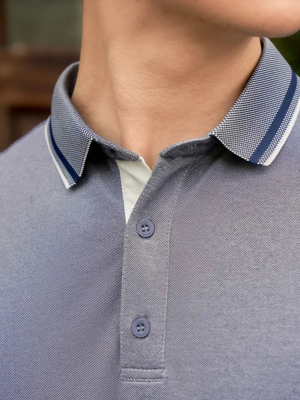 Áo polo nam mắt chim Melange phối nẹp - Navy - L