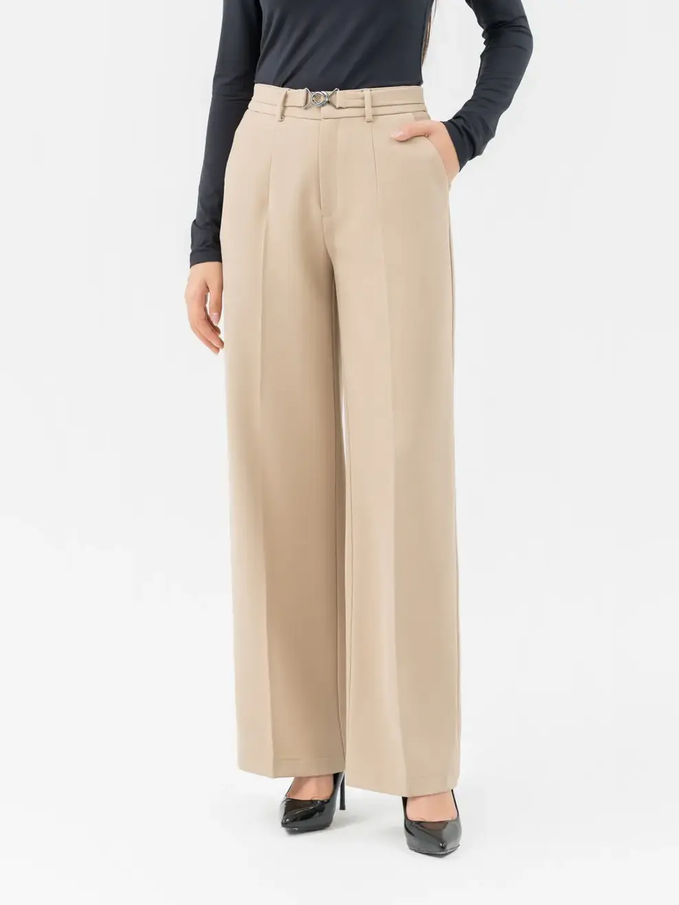 Quần Âu Nữ Dáng Suông Dây Lưng Mặt Đai - Be - XL