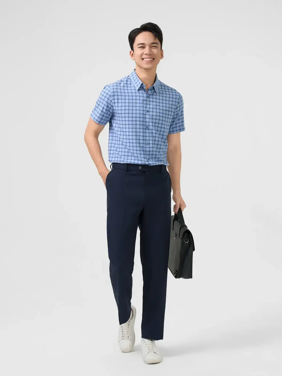 Sơ Mi Cộc Tay Nam Nano Kẻ Caro Túi Ngực - Xanh - M