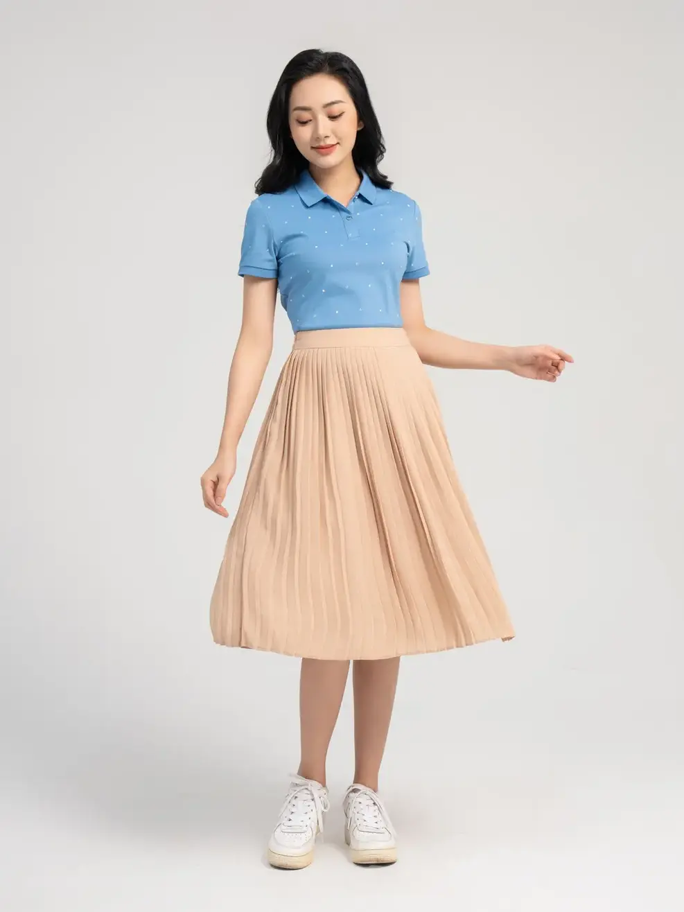 Áo polo nữ mắt chim  in tràn hình học - Xanh - S