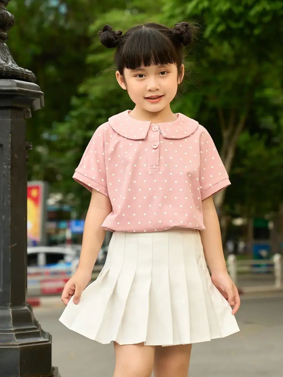 Áo polo trẻ em mắt chim chấm bi cổ sen - Hồng - 2