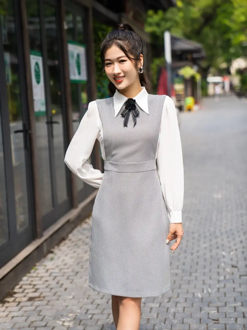 Đầm Đông Nữ Kẻ Tay Phối - Kẻ đen trắng - S