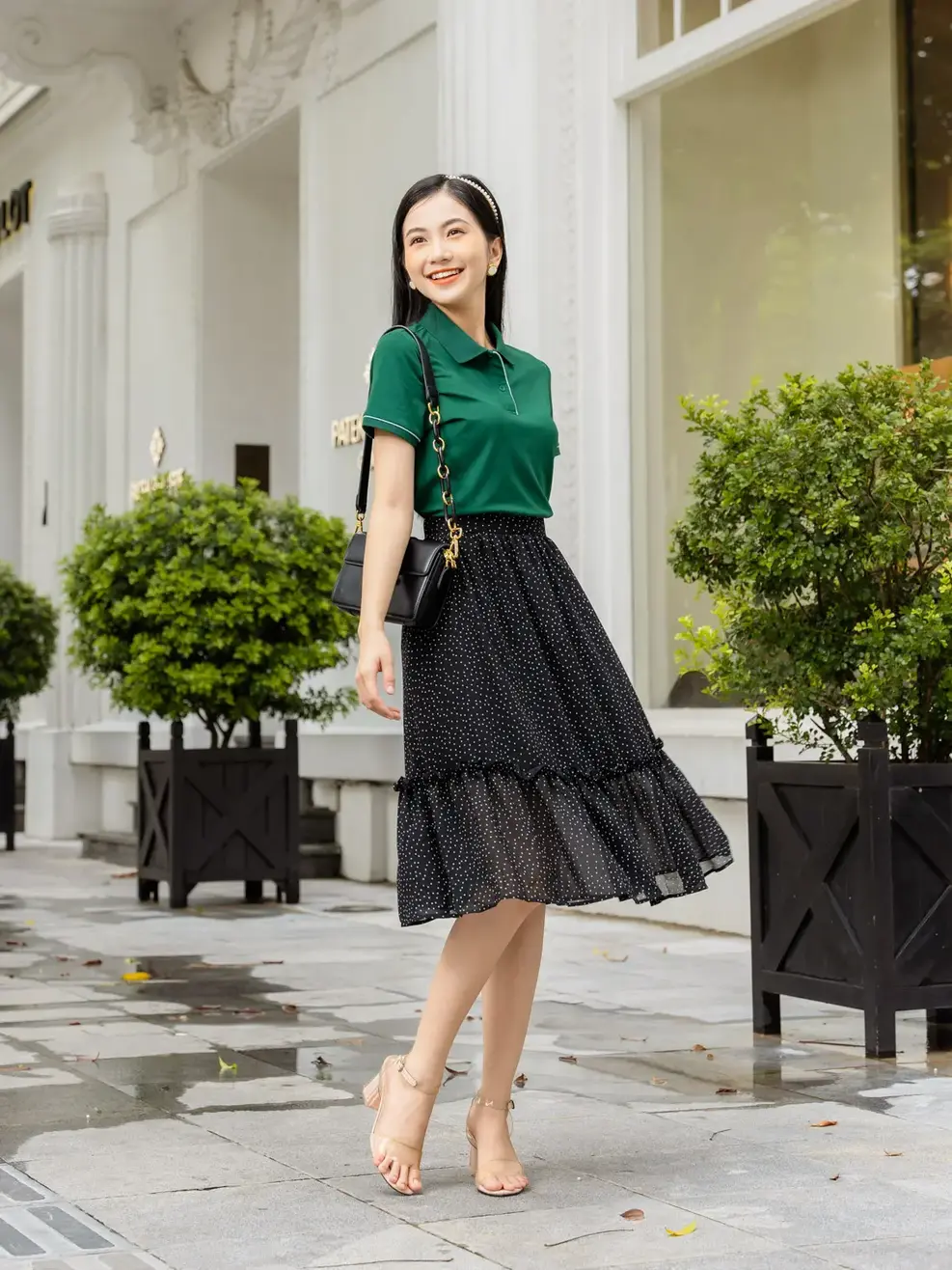 Chân váy Voan chấm bi xoè rủ - Đen - S