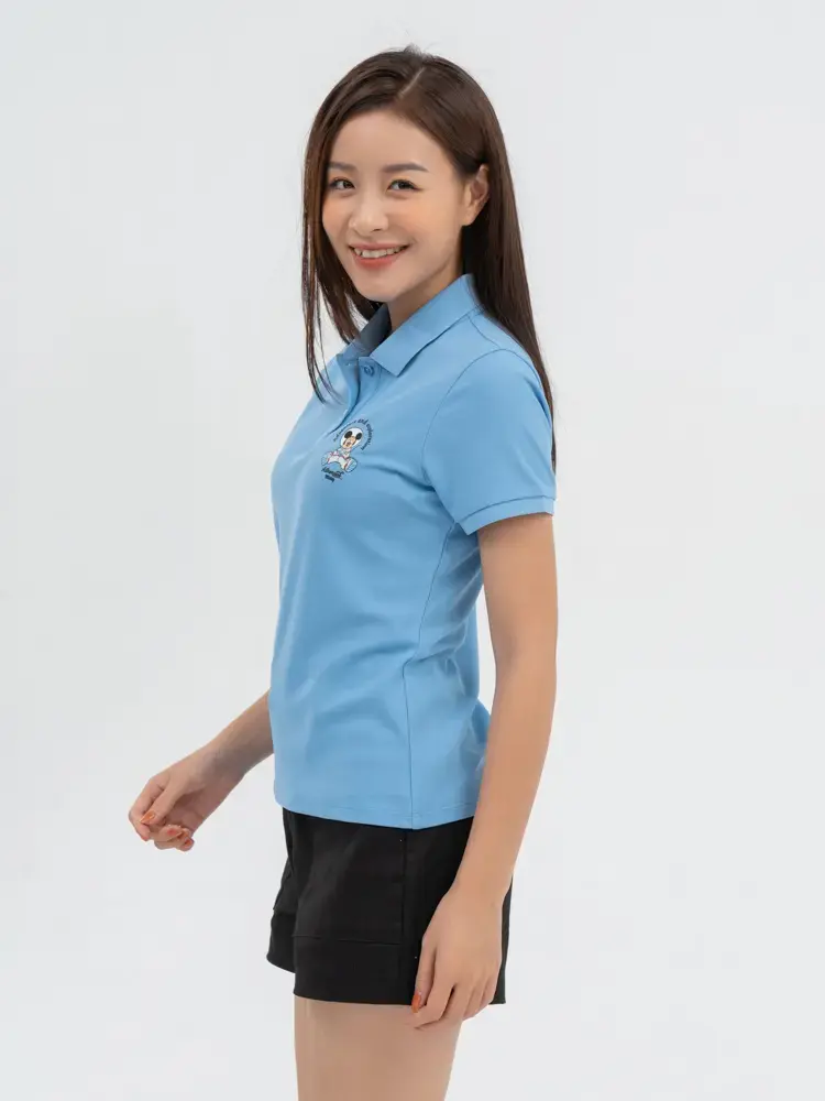 Polo Nữ Cafe Dệt Tổ Ong Mickey In Ngực - Xanh lơ - S