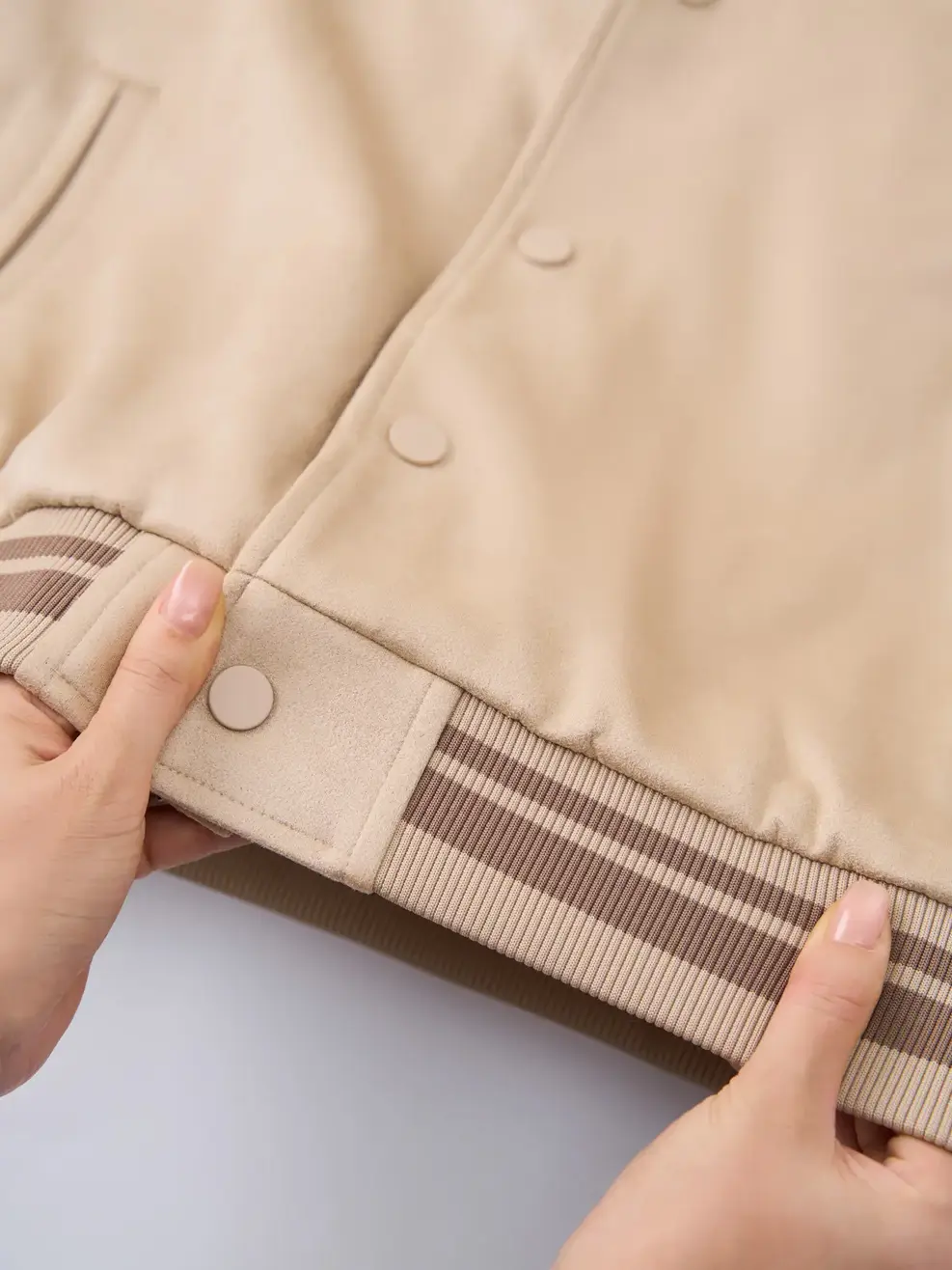 Áo Khoác Da Lộn Bomber Bo Kẻ - Be 164 - M