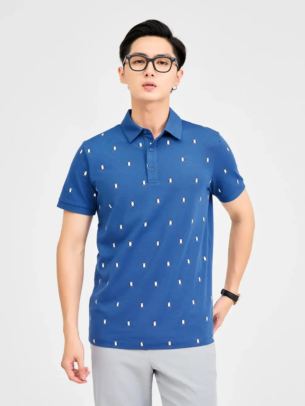 Polo Nam In Chim Cánh Cụt - Xanh Biển - XL