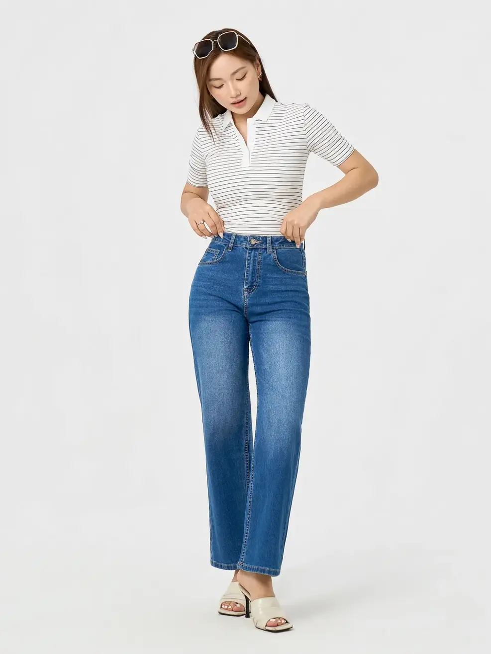 Áo Polo Nữ Kẻ Phối Bo Cổ - TRẮNG KẺ 1 - XS