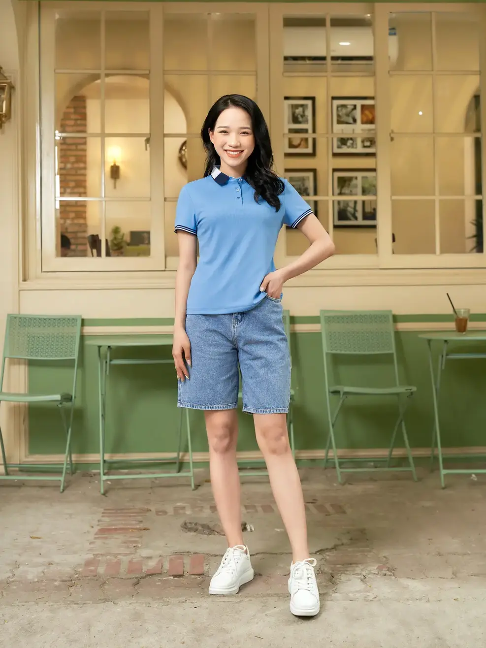 Áo Polo Nữ Airy Cafe bo 3 màu - Xanh Biển - S