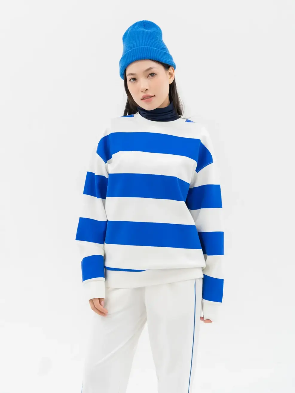 Áo Thu Đông Nữ Phối Kẻ  - Kẻ xanh đậm - S