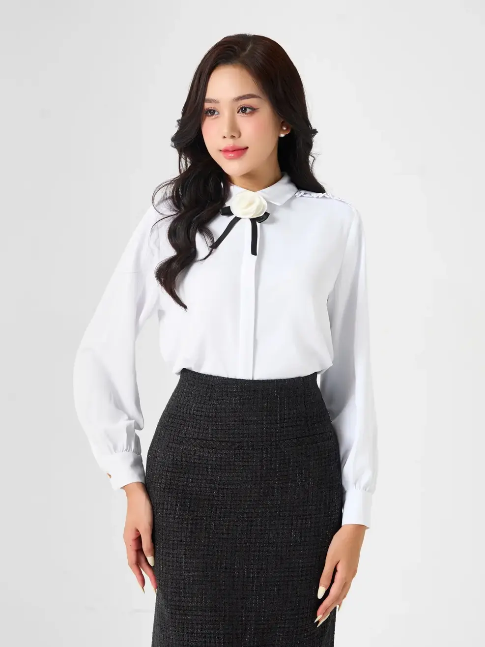 Sơ Mi Dài Tay Nữ Hoa Nơ - Trắng - S