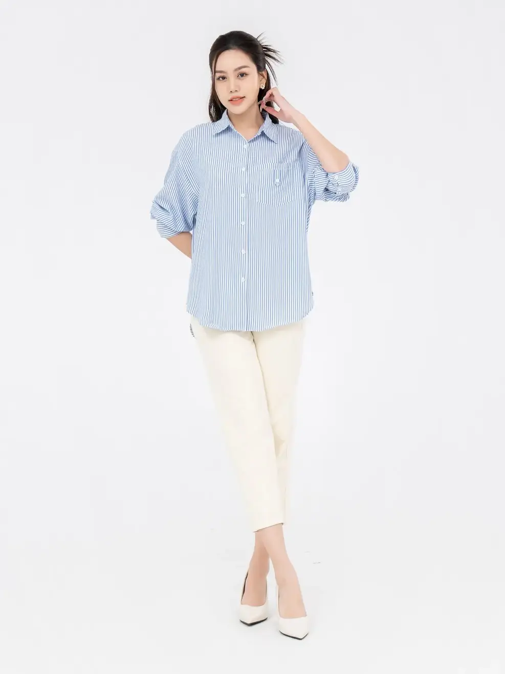 Áo Sơ Mi Tay Dài Nữ Nano Kẻ Năng Động - Kẻ xanh đậm - S