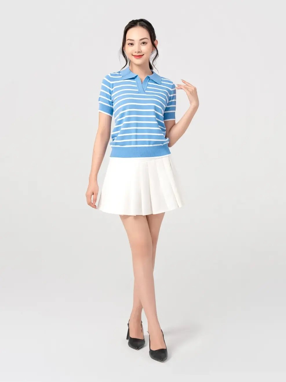 Áo len nữ kẻ cổ polo - Xanh trắng - S