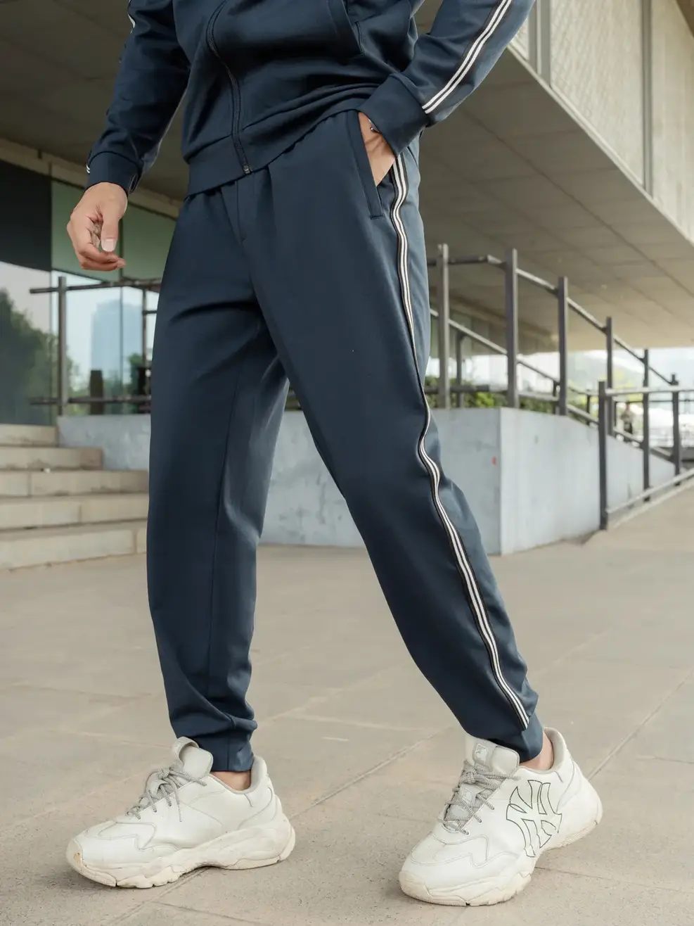 Bộ đồ thể thao nam nỉ Double Face phối dây dệt - Xanh than - XL