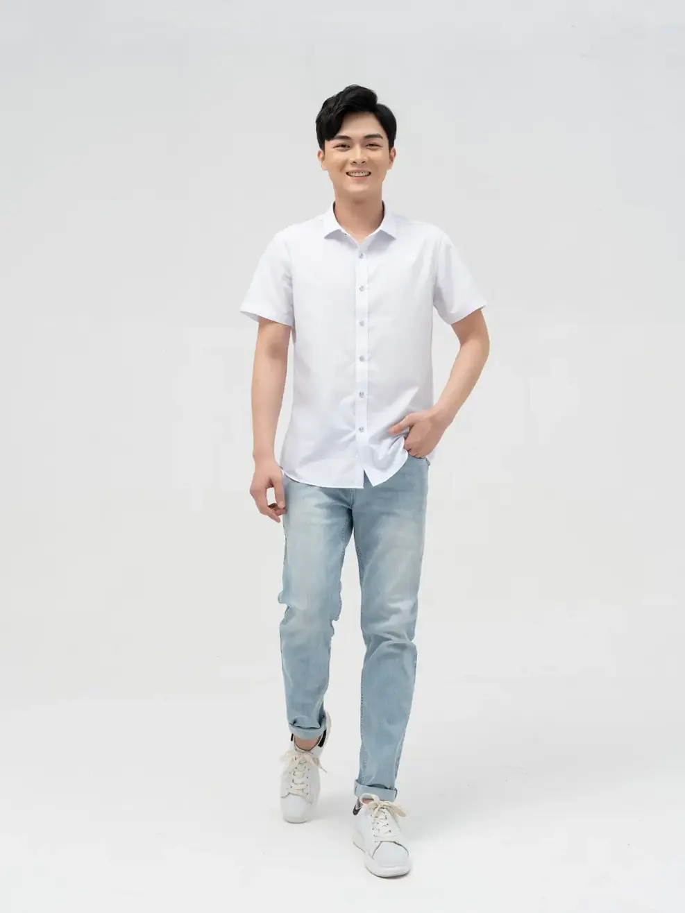 Sơ mi nến cộc tay slim - Trắng tinh - XL