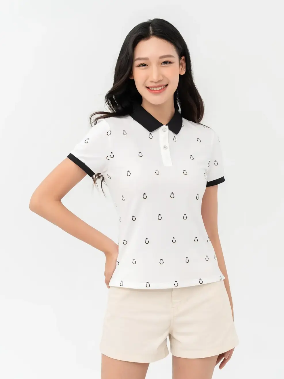 Áo Polo Nữ Mắt Chim In Chim Cánh Cụt - Trắng - S