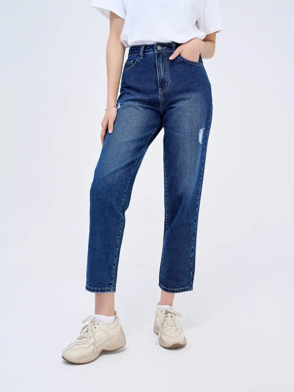 Quần Jeans nữ rách baggy - Xanh đậm - 29