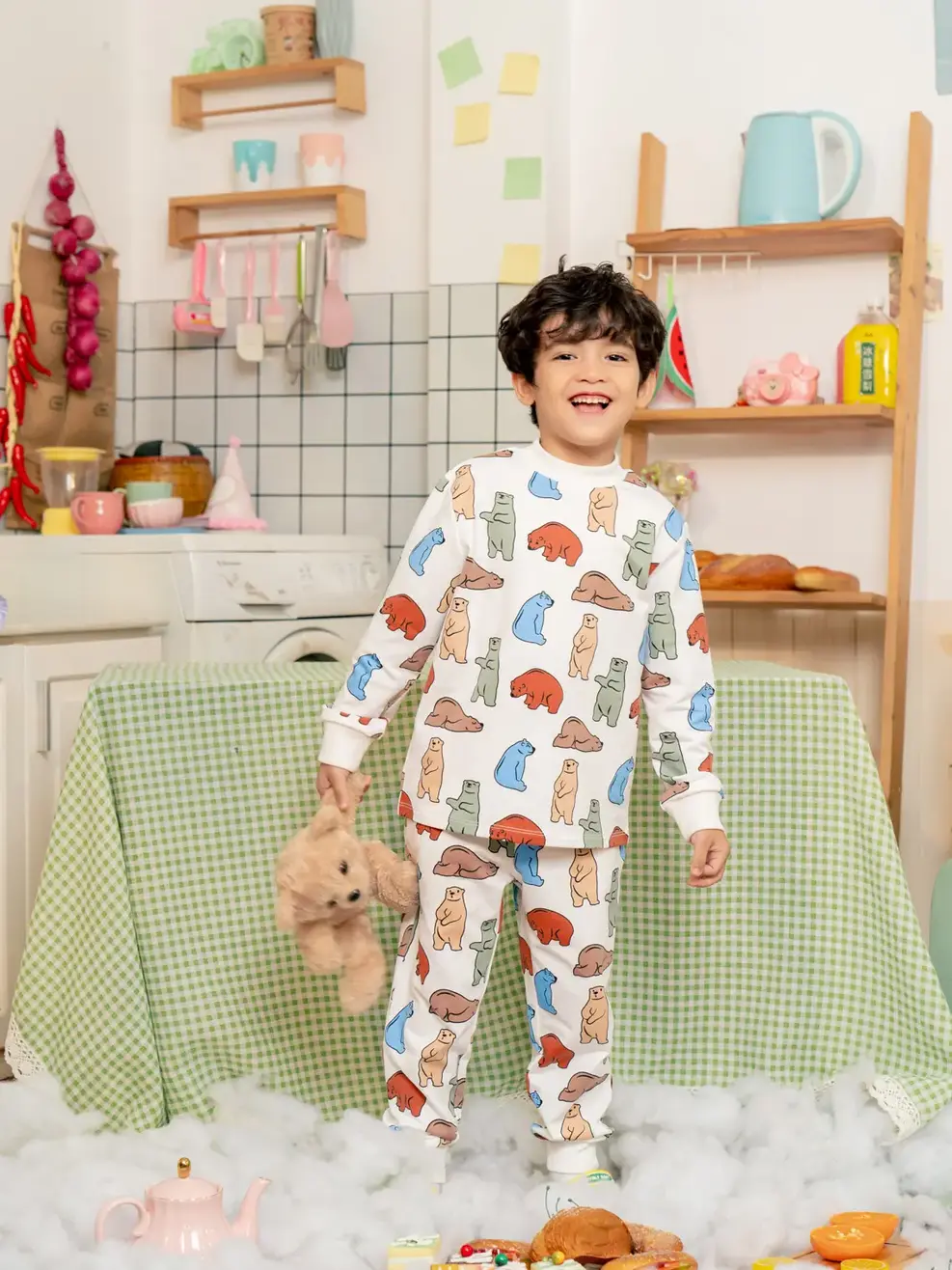 Bộ đồ trẻ em cổ cao in tràn gấu - Trắng Họa Tiết. - 2