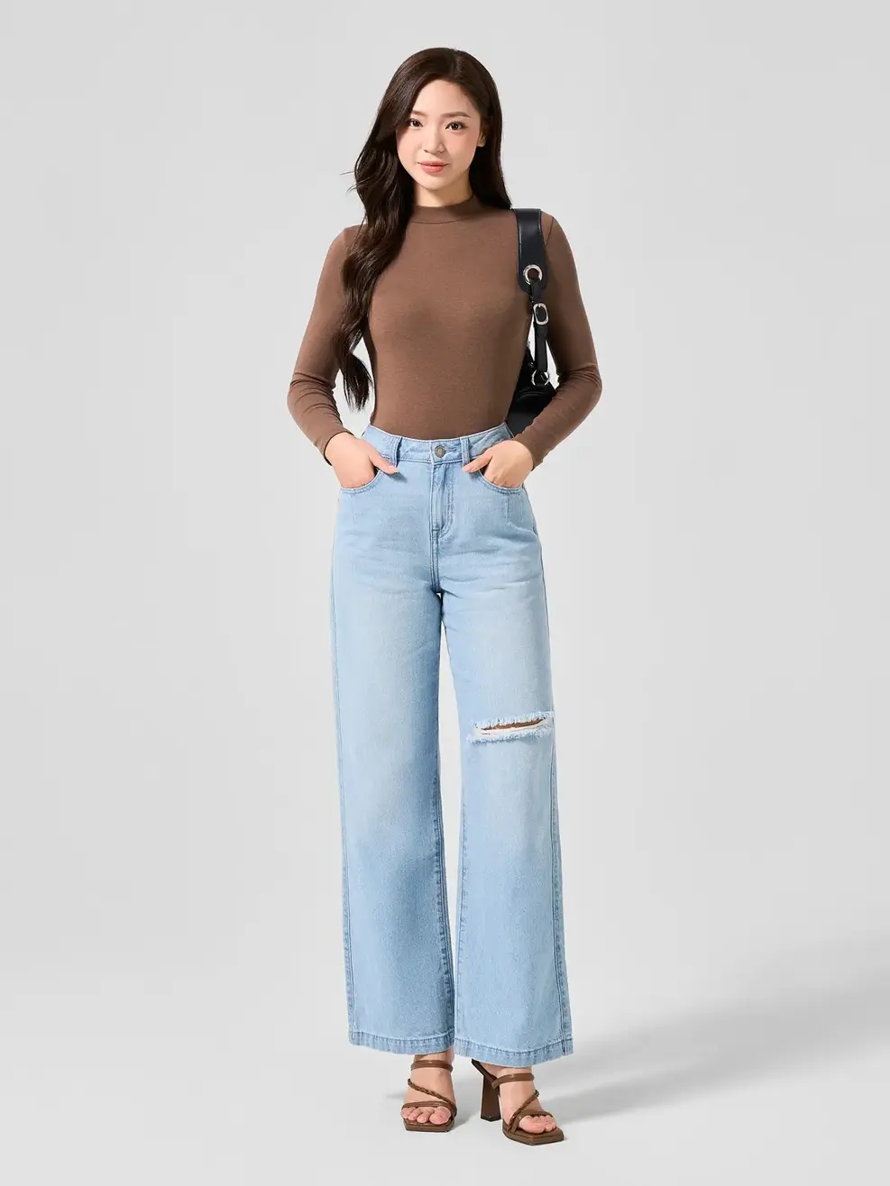 Quần Jean Nữ Ống Suông Mài Xước - Xanh nhạt - 30