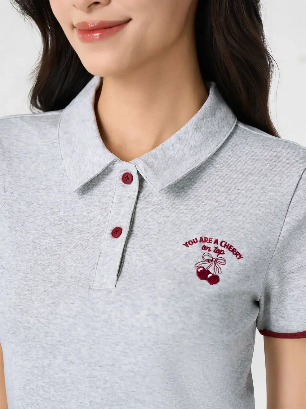 Áo Polo Nữ Crop Top Thêu Cherry - Phối Màu Xám 157 - S