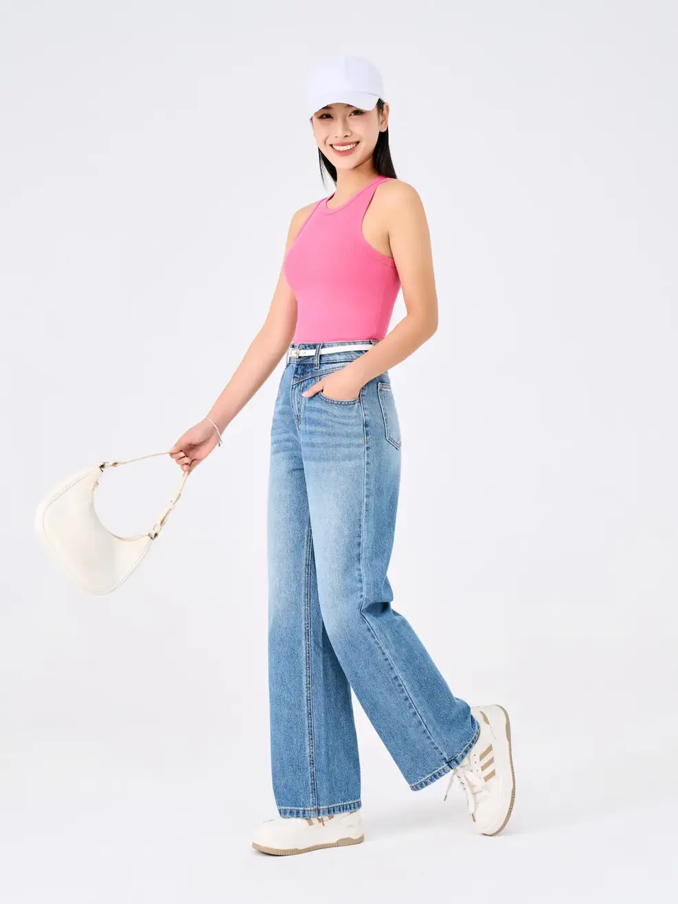 Quần Jeans Nữ Ống Suông Cạp Cao Túi Can Chéo  - Xanh - 25