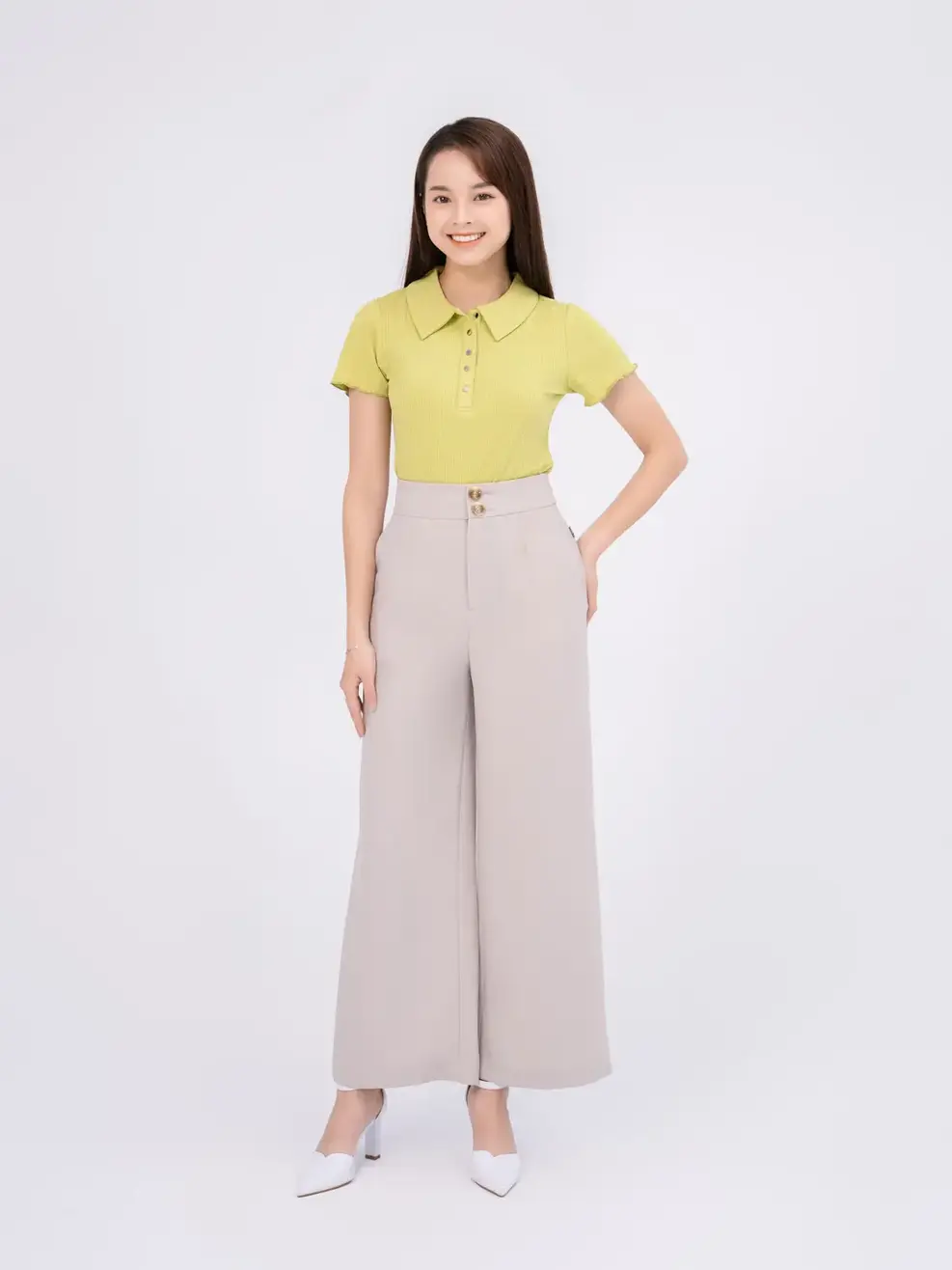 Áo polo nữ thun gân mở nẹp - Xanh - S