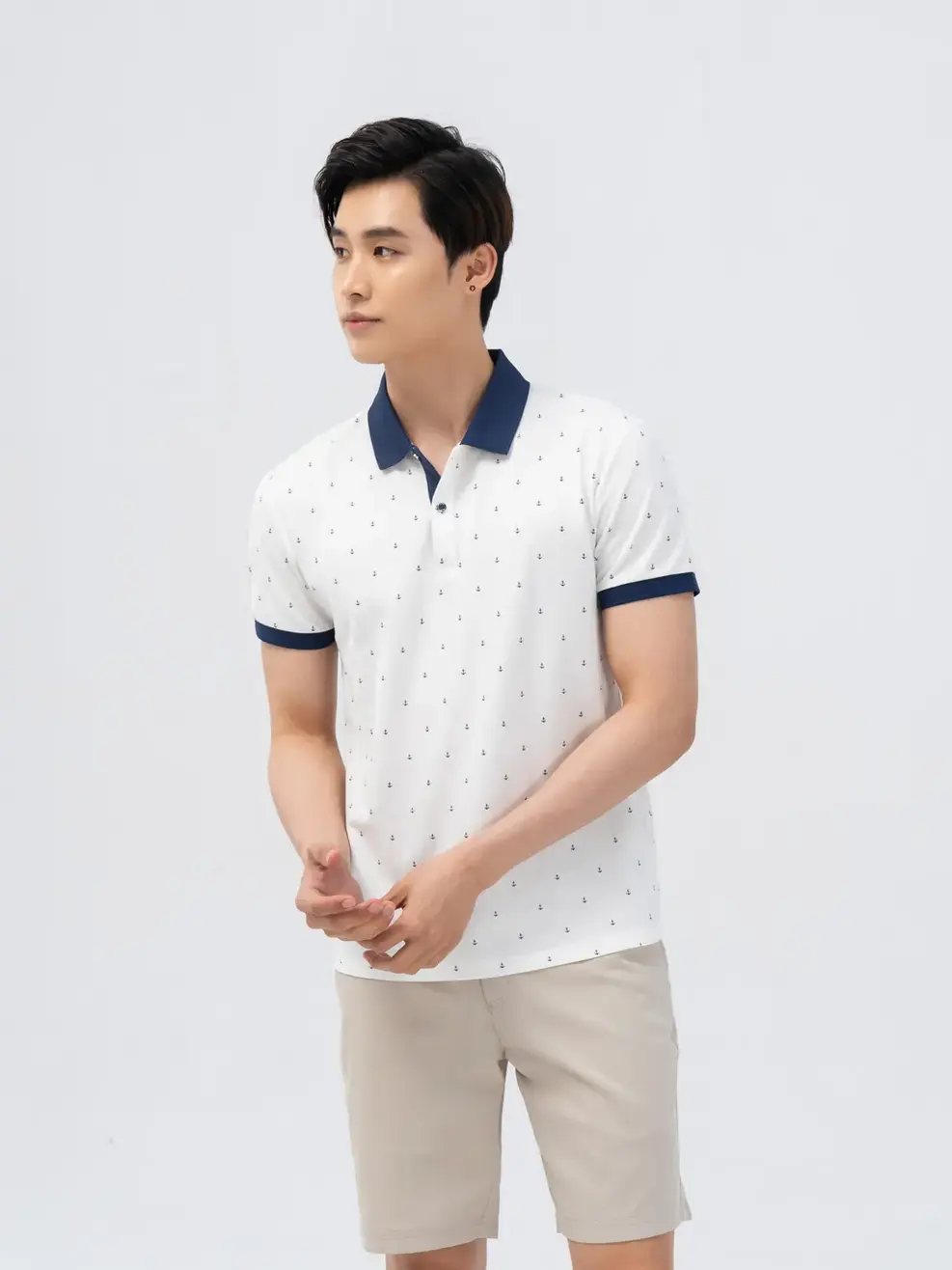 Áo polo nam hình in mỏ neo - Trắng Xanh - L