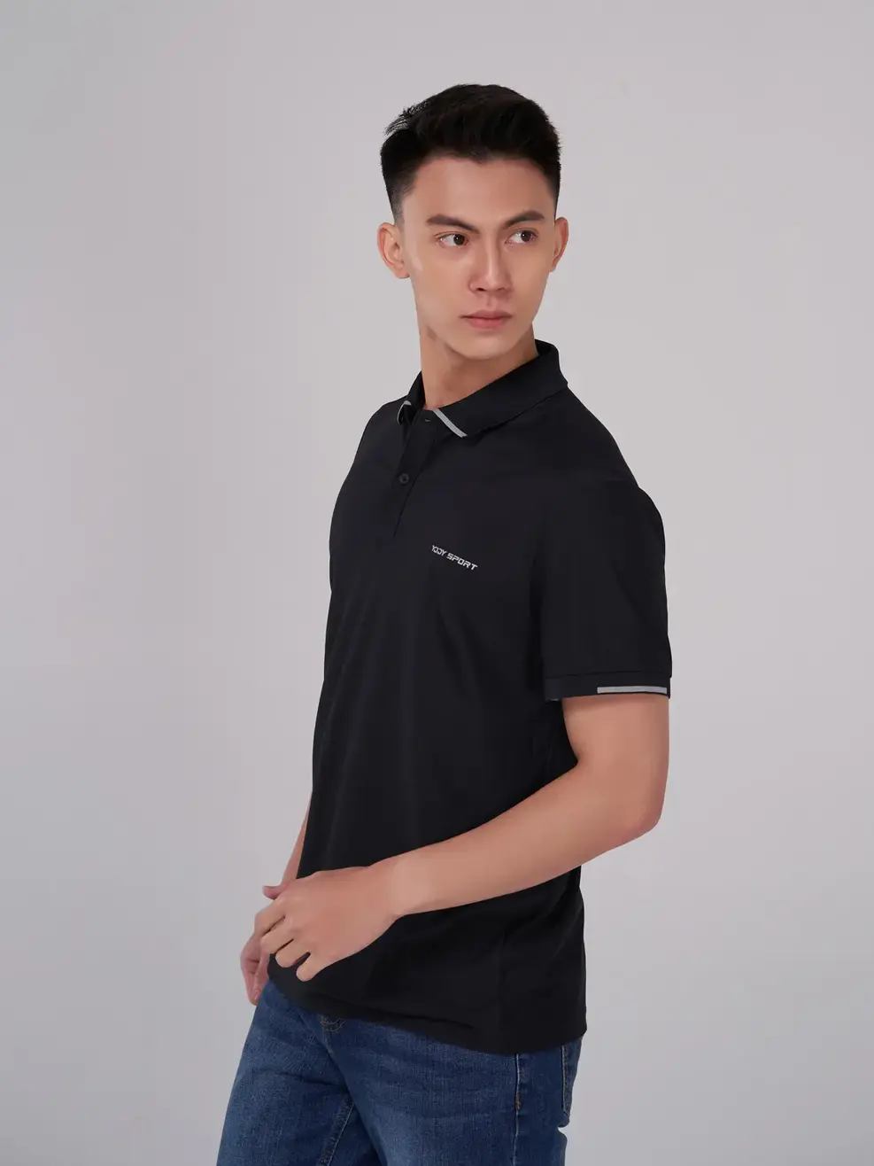 Polo thể thao nam logo ngực - Đen - 2XL