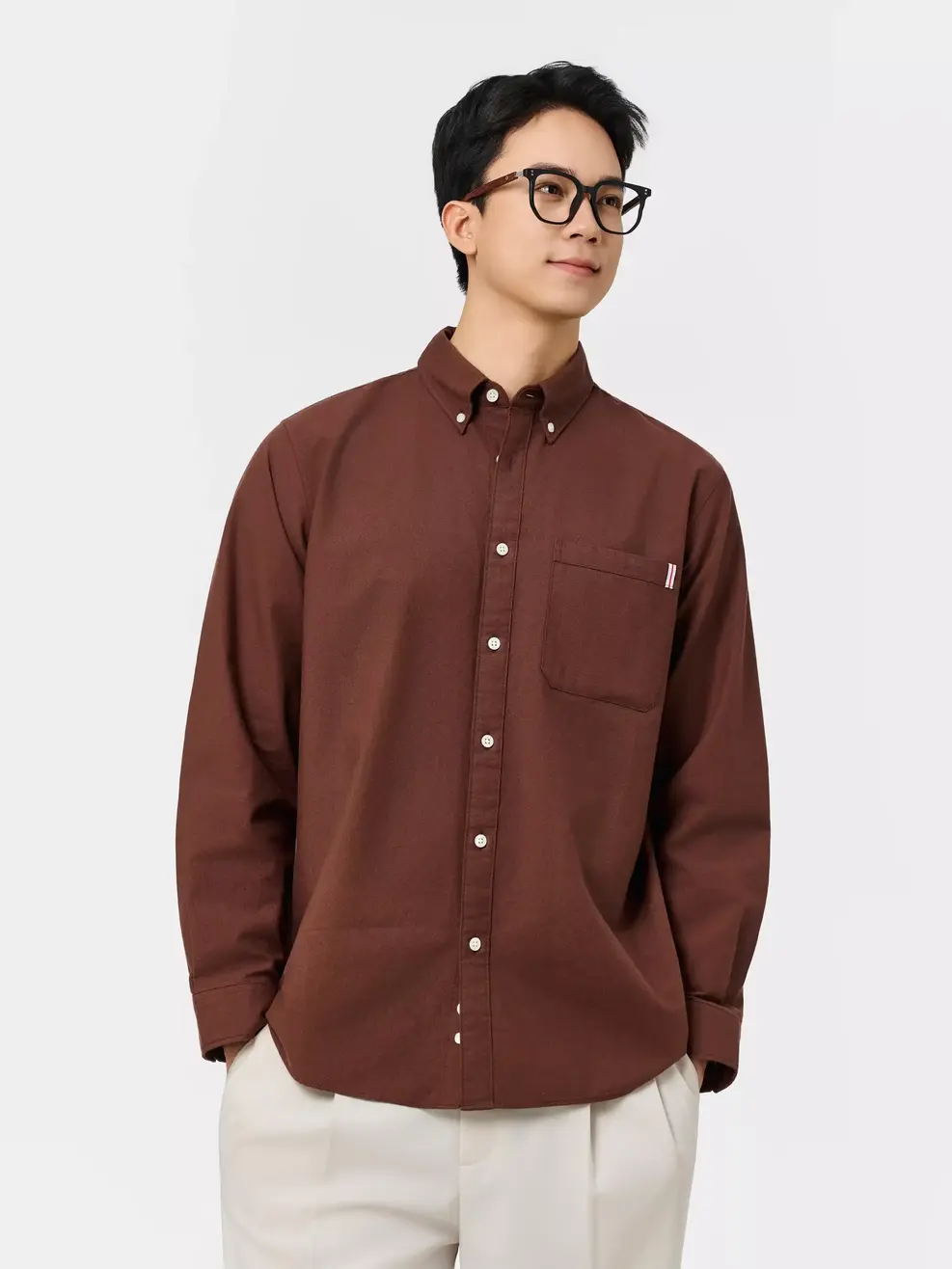 Áo Sơ-mi nam oxford dài tay phối túi - Màu nâu 002 - M