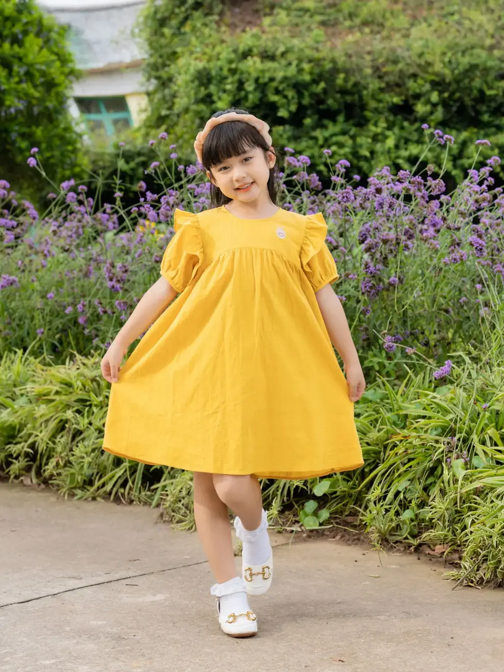 Váy kid nữ đầm trắng tay lỡ bèo vai - Vàng