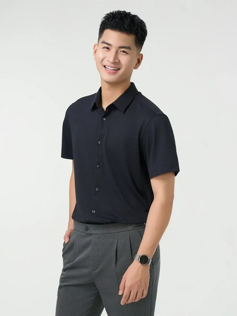 Áo Sơ Mi Nam Cộc Tay Business Bề Mặt Tổ Ong - ĐEN 002 - XL