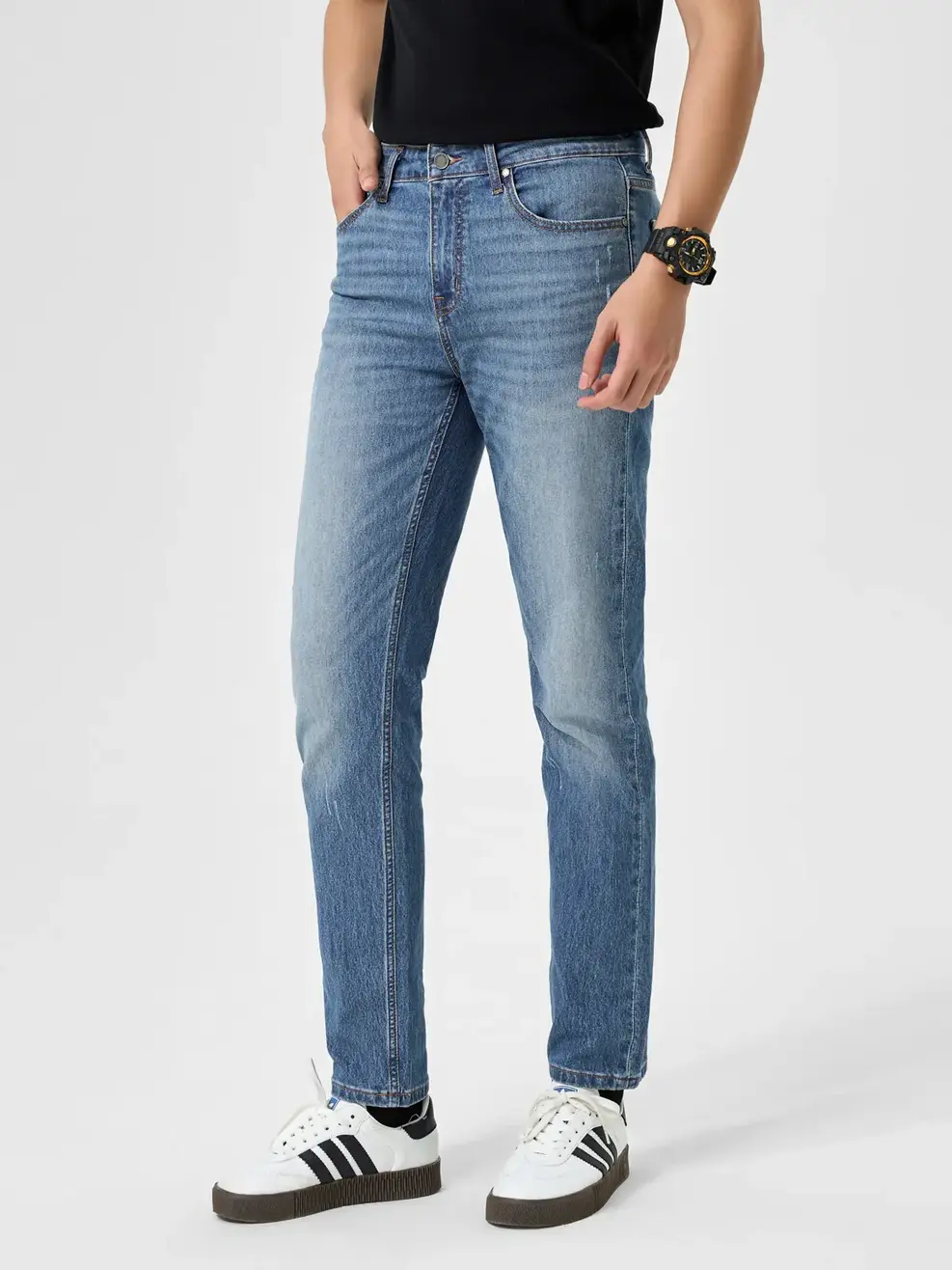 Quần Jean Nam Slim Fit Light Weight Cào Xước  - xanh trung - 34