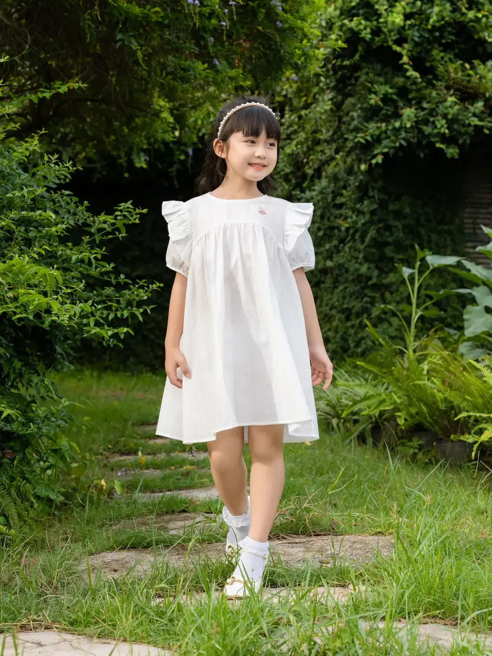 Váy kid nữ đầm trắng tay lỡ bèo vai - Trắng