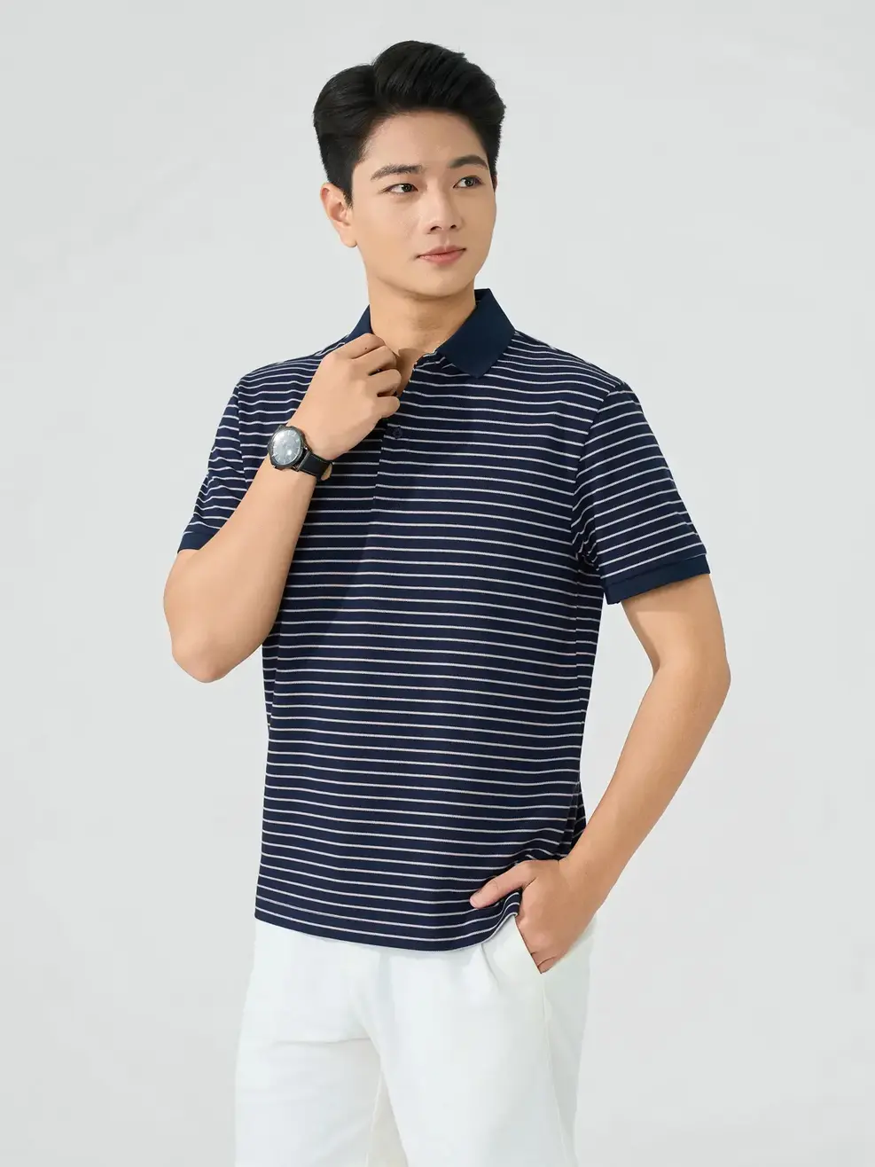 Áo Polo Nam Regular Họa Tiết Kẻ Ngang - Kẻ Tím Than 130 - M