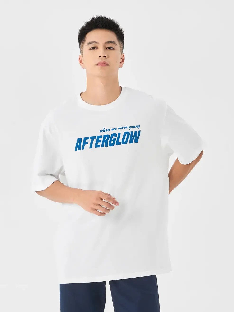 T-shirt Nam Dáng Rộng In Chữ Ngực - Trắng - M