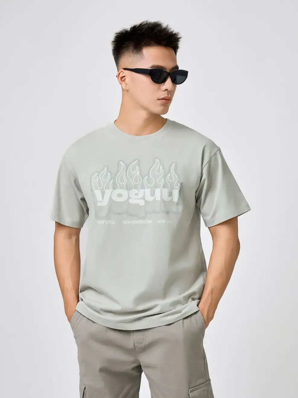 T-shirt Yoguu Logo Trước Ngực - Ghi nhạt - 0