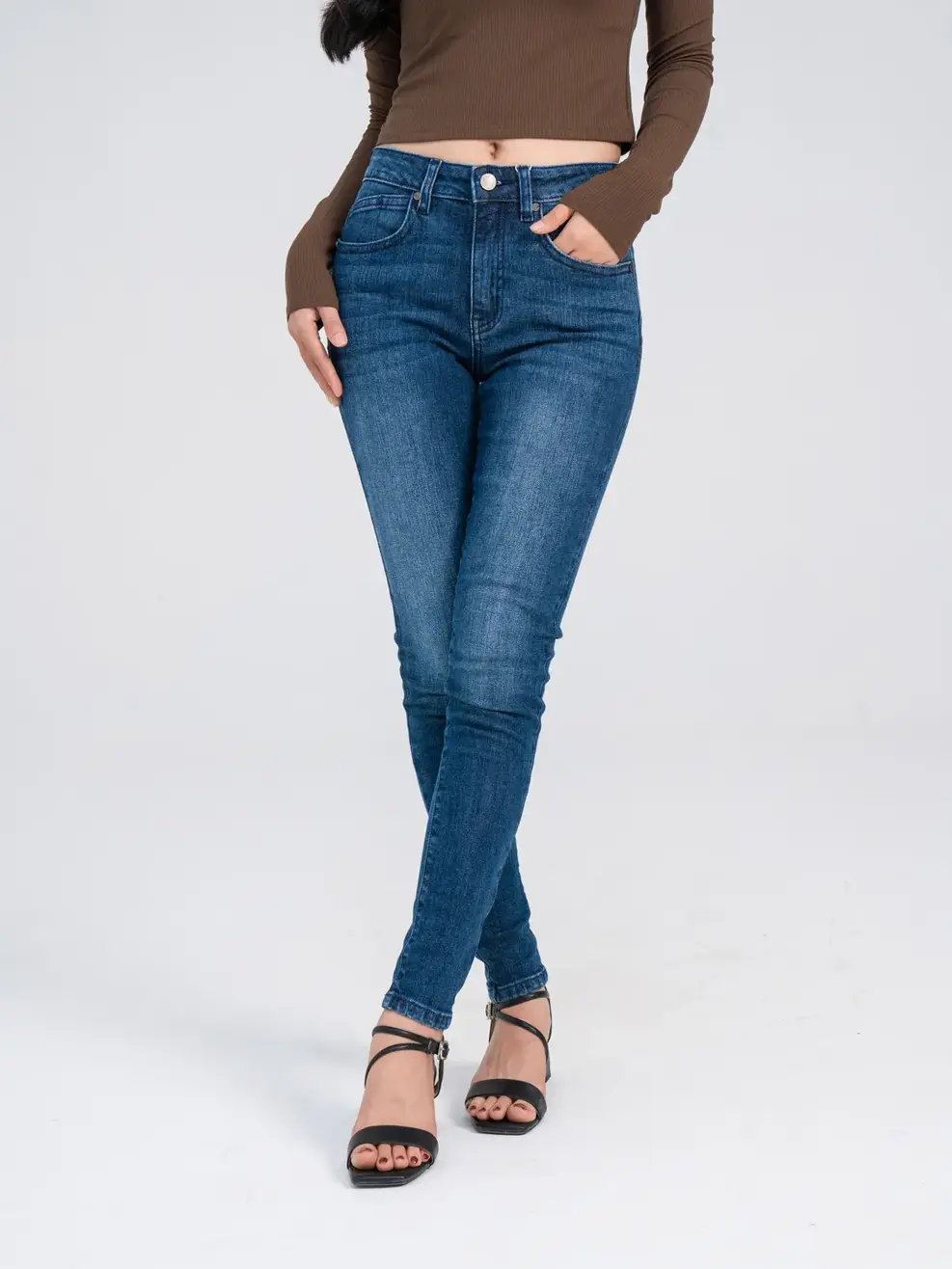 Quần jeans nữ skinny túi đồng hồ chéo - Xanh đậm
