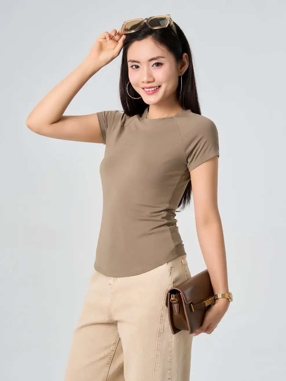 Áo Phông Nữ Tay Raglange Diễu Chỉ - Nâu 077 - S