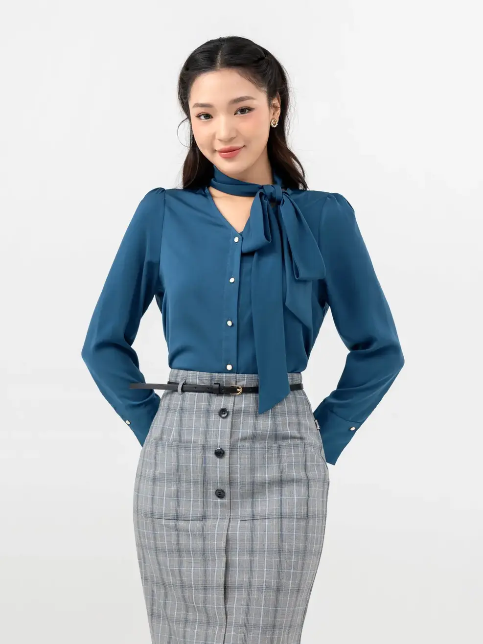 Sơ Mi Dài Tay Nữ Thắt Nơ Lệch - Xanh cổ vịt - S
