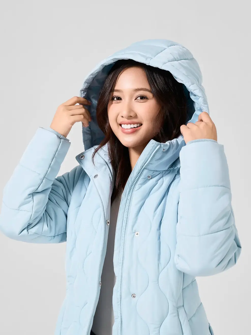 Áo Phao Nữ Dáng Dài Lỡ Trần Sóng Mũ Rời - Xanh lơ - M