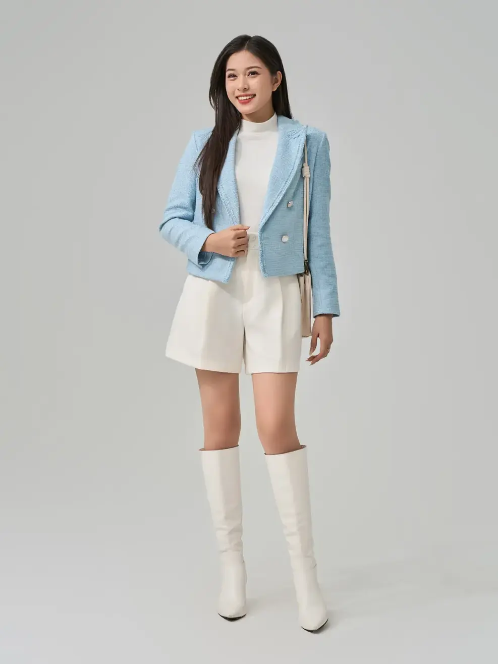 Áo Khoác Nữ Dạ Tweed Cổ Vest  - Xanh lơ - S