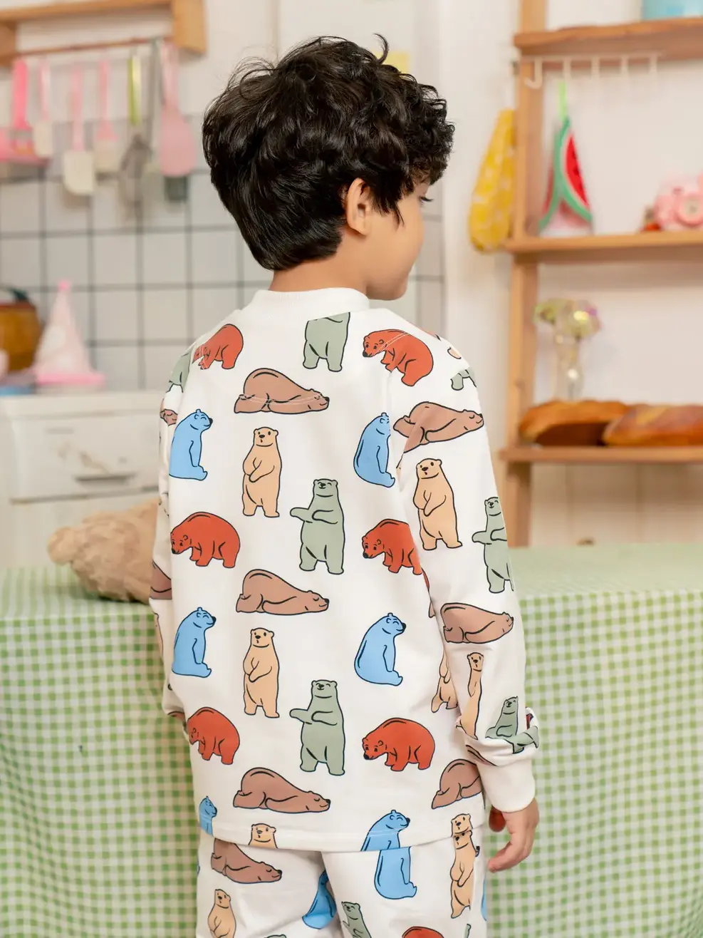 Bộ đồ trẻ em cổ cao in tràn gấu - Trắng Họa Tiết. - 2