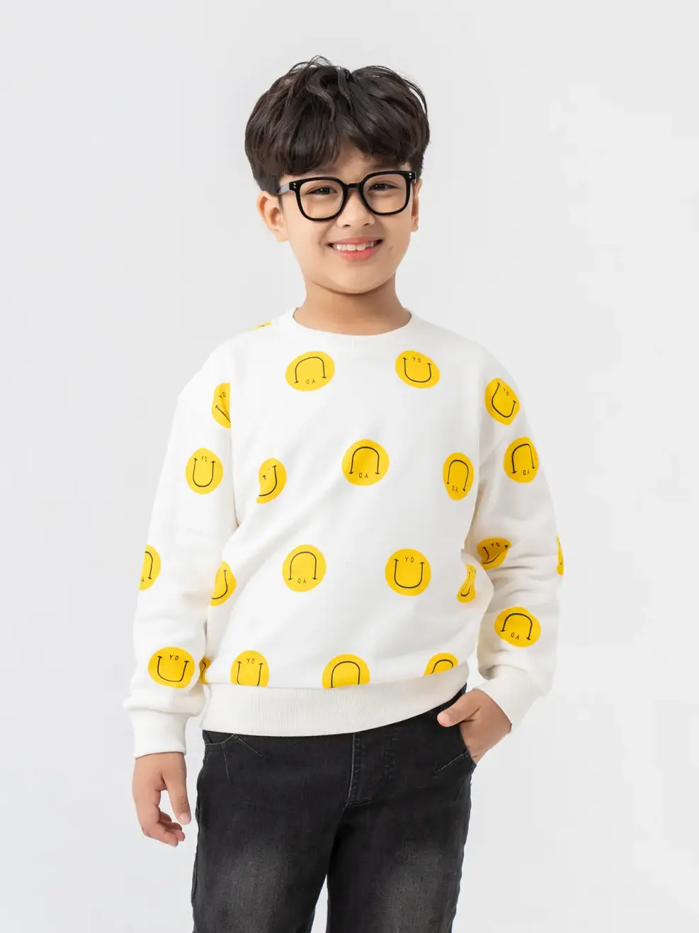 Áo Dài Tay Kid In Tràn Bo Gấu Họa Tiết Mặt Cười - Trắng. - 2