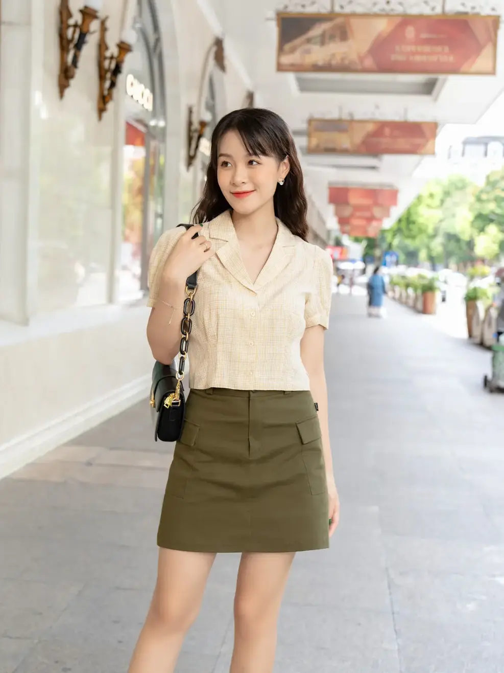 Chân váy nữ A túi hộp - Xanh rêu - M