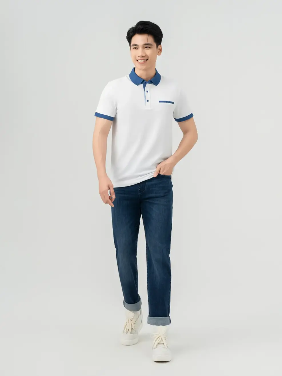 Áo Polo Nam Cafe Cơi Túi Ngực Phối Cúc - Trắng - L